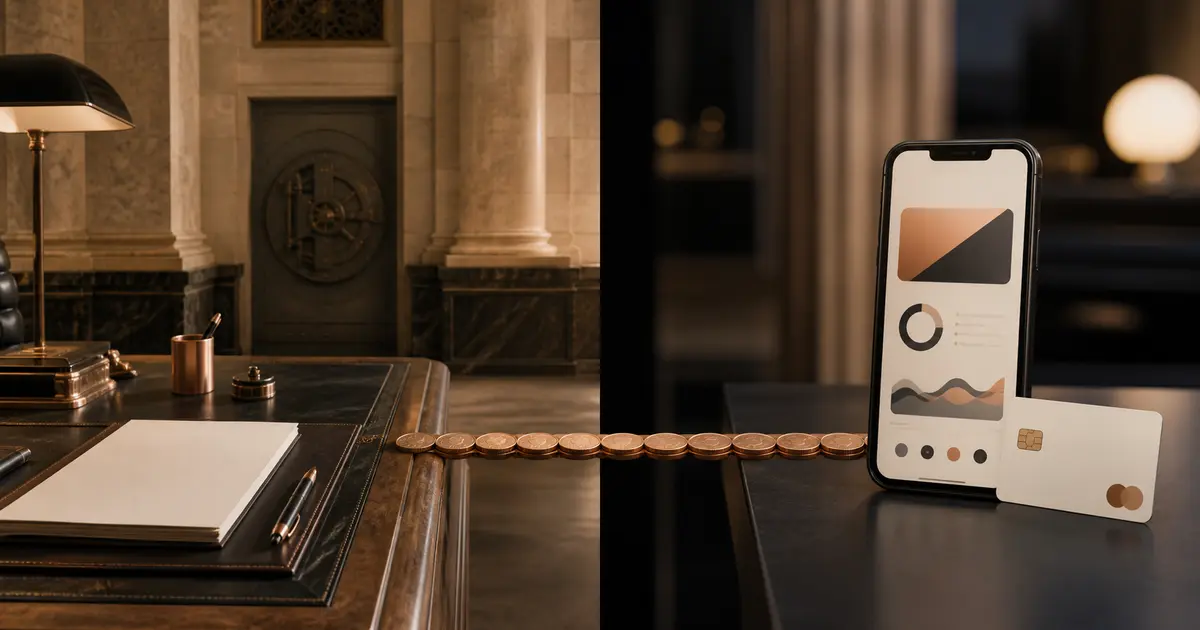 Banque traditionnelle ou banque en ligne représentées par une agence et un smartphone reliés par un pont de pièces