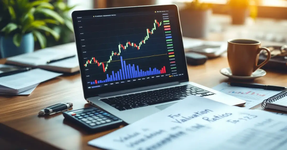 Bureau d'analyse financière avec documents, graphique boursier sur écran et carnet de notes contenant des ratios de valorisation.