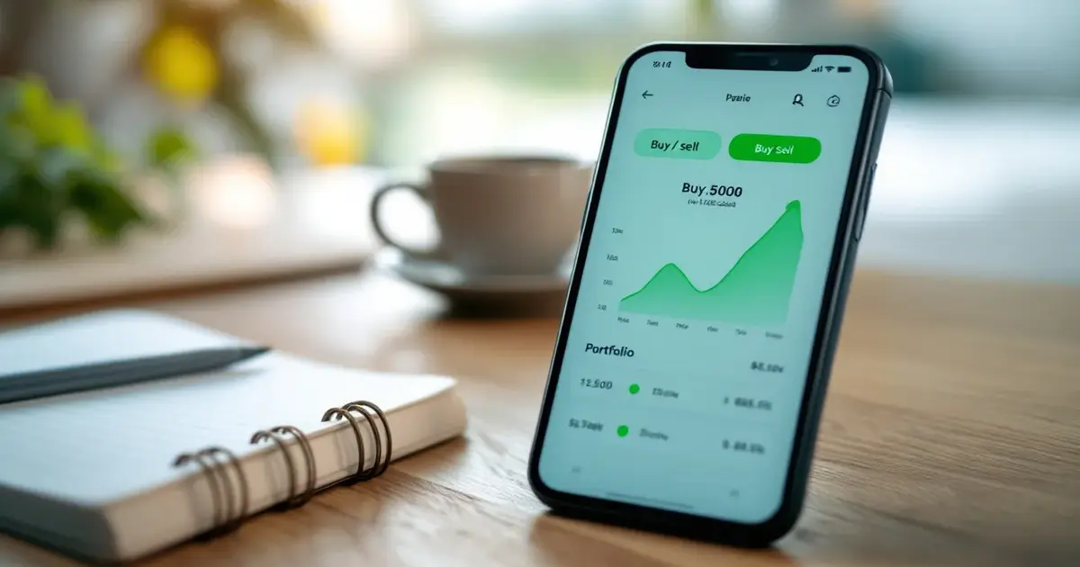 Guide du meilleur courtier bourse pour débutant en 2026, interface de trading sur écran avec application mobile, ambiance épurée